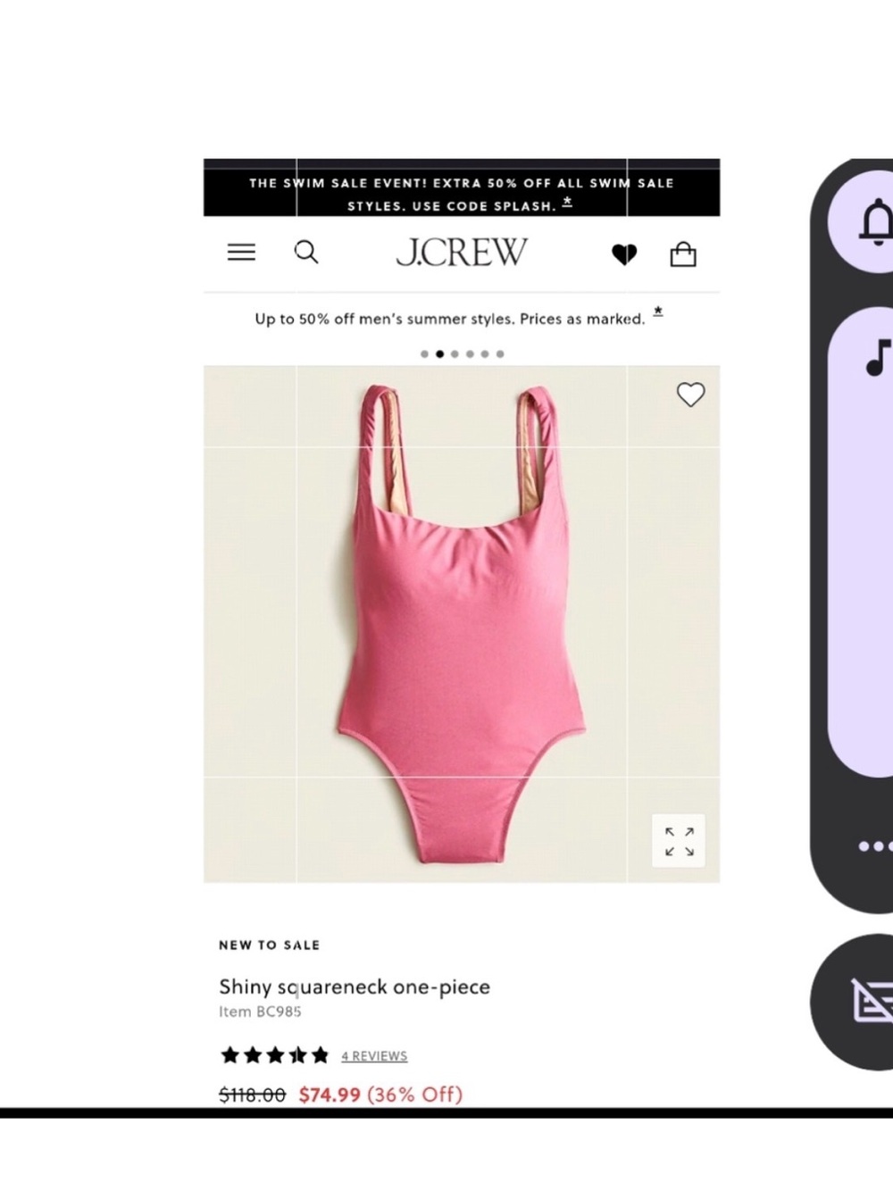 J. Crew Pink Shiny Square-Neck One-Piece Swimsuit